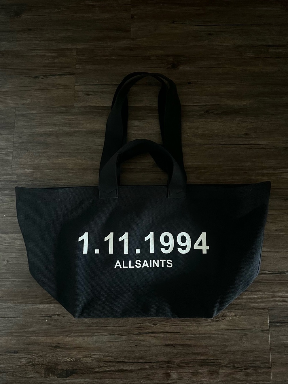 NWOT AllSaints Black Canvas and Leather Logo Large Tote Bag, Top Handles